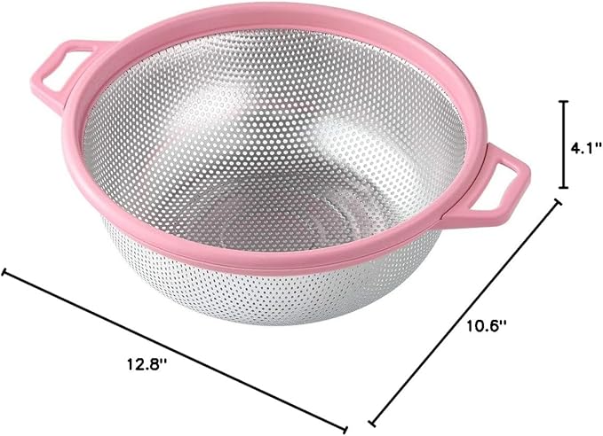 Stainless Steel Colander With Handle and Legs, Large Metal Pink Strainer for Pasta, Spaghetti, Berry, Veggies, Fruits, Noodles, Salads, 5-quart 10.5” Kitchen Mesh Colander, Dishwasher Safe