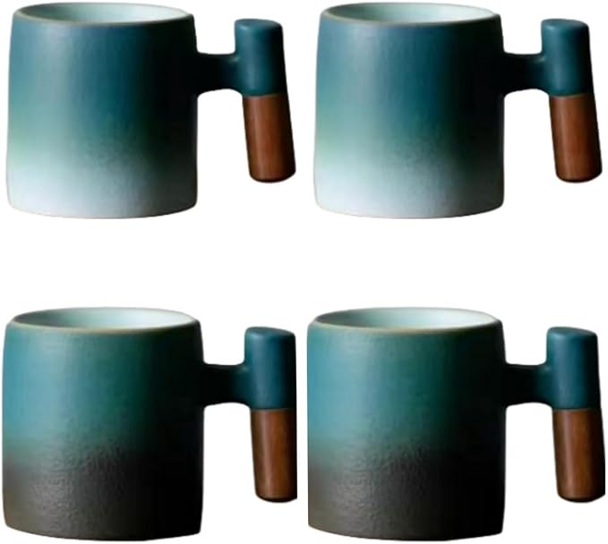 2-Oz Ceramic Espresso Cups with Wood Handle, 2/4-Piece Set for Coffee, Tea, Latte - Dishwasher Safe, Multi-Color & Wood Styles, Gift & Café Use (blue white2&blue black2, Wooden Handle4)