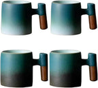 2-Oz Ceramic Espresso Cups with Wood Handle, 2/4-Piece Set for Coffee, Tea, Latte - Dishwasher Safe, Multi-Color & Wood Styles, Gift & Café Use (blue white2&blue black2, Wooden Handle4)