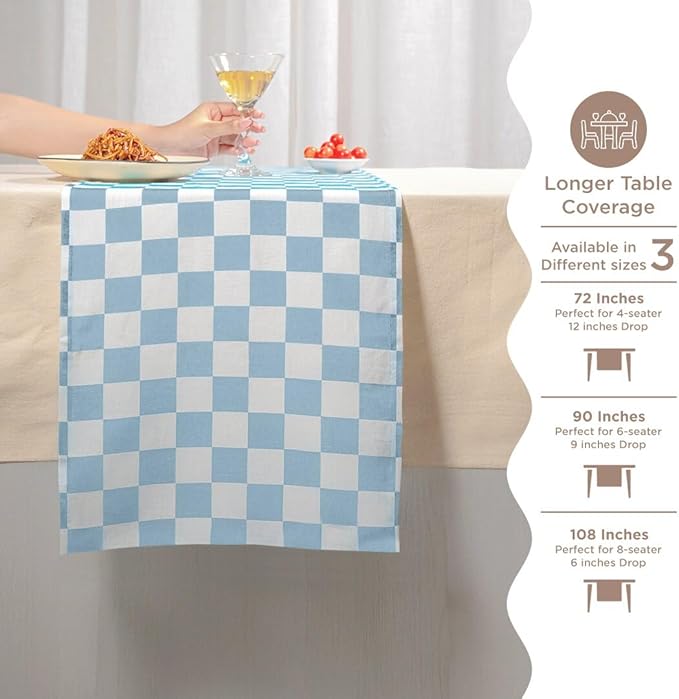 Folkulture Table Runner | Fall Table Runners 72 inches Long | Checkered Boho Table Runners for Farmhouse Decor or Table Decorations for Party | White and Blue Gingham Table Runner for Fall Decor
