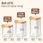 ComSaf Airtight Glass Storage Canister with Lids (0.7Qt/1.2Qt/1.6Qt) Set of 6, Food Storage Container Kitchen Pantry Storage Jar, Glass Jars for Flour Cereal Sugar Tea Coffee Beans Snacks, Square