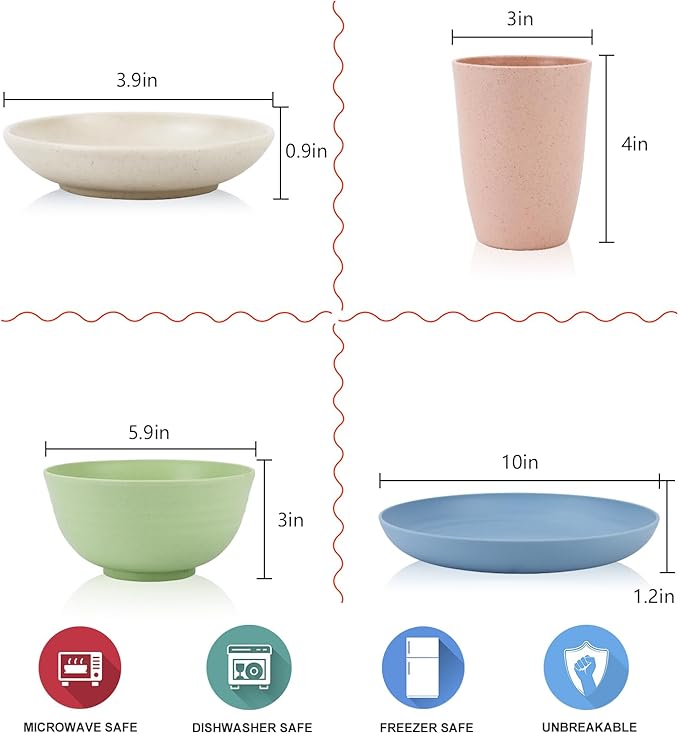 Wheat straw plates and bowls sets of 16 - Unbreakable wheat straw dinnerware sets for kids - Alternative plastic dinnerware set service for 4 - Microwave safe and Dishwasher safe bowls. Nordic