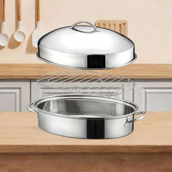 16in Fish Poacher Cooking Pot with Lid Portable Handle Multiuse Baking Tray for Seafood And Eggs, A