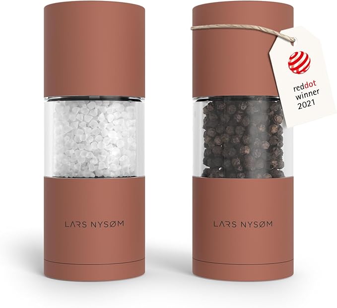 LARS NYSØM Salt and Pepper Grinder Set I Salt and Pepper Mills with Adjustable Ceramic Grinder 2 pieces I Manual Design Spice Mill Set (Brick Red)