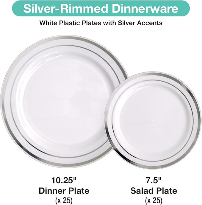 Pre Wrapped Cutlery Set- 25 sets of Fork, Knife, Spoon wrapped in a napkin - 25 Small Plates- 25 Big Plates (Silver)