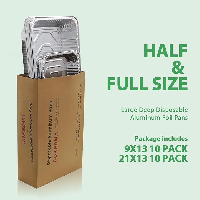 Aluminum Foil Pans 20 Pack, 9x13 10 Pack, 21x13 10 Pack, Disposable Full Size Large & Small Food Containers for Roasting, Restaurants, Cooking, Heating, Buffets