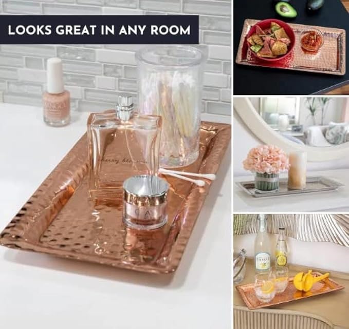 Monarch Abode Hand Hammered Metal Serving Tray, 16-Inch Nickel Finish – Rectangle Serving Platter, Large Serving Tray for Party, Fruit Platter, Dessert Trays, Serving Dishes