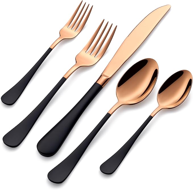 20-Pieces Rose Gold and Black Silverware Sets for 4,Black Handle Stainless Steel Cutlery Set, Include Forks Spoons and Knives Set, Dishwasher Safe Utensil Sets for Home Restaurant