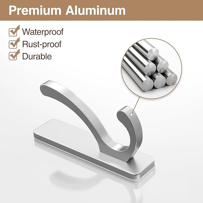 Adhesive Wall Hooks for Towels Coats - Stick On Hooks Hanging Heavy Duty (13lb), Metal Hook for Door, Bathroom, Dorm, Closet - Hanger for Purse, Bag, Robe,Backpack - No Damage to Wall - Silver 4 Pack