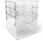Isaac Jacobs 3-Pack Medium Clear Storage Bins with Handles, Plastic Organizer for Home or Fridge/Freezer, Pantry and Kitchen Non-Slip Container Set, BPA Free, Food Safe (3-Pack, Medium)