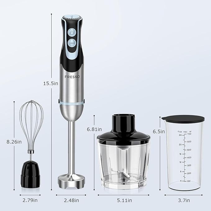 FRESKO Immersion Blender Handheld, 4-in-1 Stainless Steel Hand Electric Stick Mixer with 12-Speeds & Turbo Mode, Powerful 500W Emulsion Blender with Beaker, Chopper & Whisk