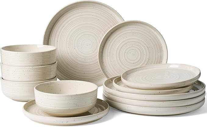 Stoneware Dinnerware Sets, Plate and Bowl Sets for 4, 12 Pieces Spiral Flared Dishware Set with Speckles & Reactive Glaze - Microwave and Dishwasher Safe Tableware, Shell Beige