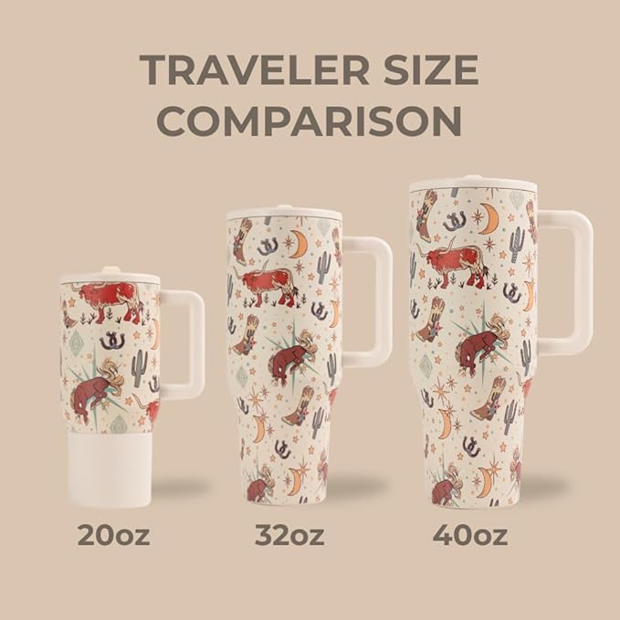 HydroJug Traveler - 32 oz Water Bottle with Handle & Flip Straw - Fits in Cup Holder, Leak Resistant Tumbler-Reusable Insulated Stainless Steel & Rubber Base - Gifts for Women & Men, Rodeo