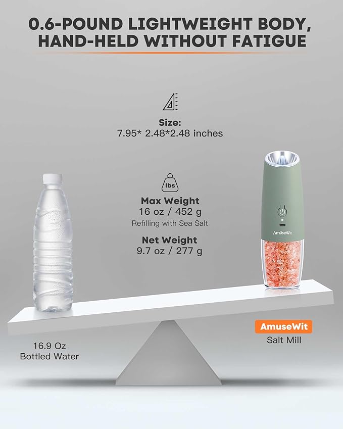 AmuseWit Gravity Electric Salt and Pepper Grinder Set [White Light] USB Rechargeable Automatic Pepper and Salt Mills,Adjustable Coarseness,One-Handed Operation,Sage