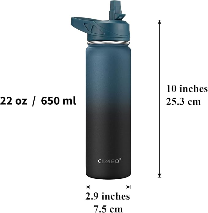 CIVAGO 22 oz Insulated Water Bottle With Straw, Stainless Steel Sports Water Flask Cup with 3 Lids (Straw, Portable Spout and Handle Lid), Double Walled Travel Thermal Canteen Mug, Black