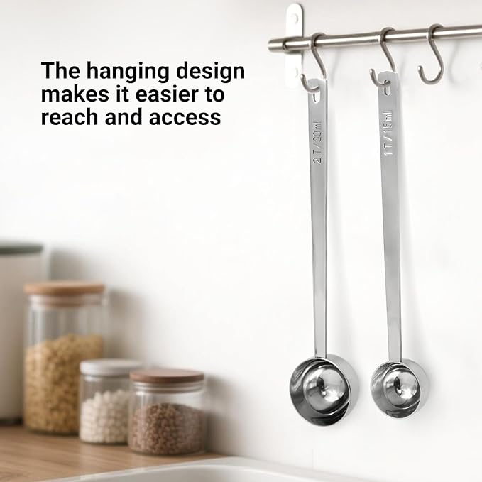 2PCS Coffee Scoop Set,1 Tbsp (15ml) & 2 Tbsp (30ml) Coffee Measuring Spoons,for measuring ground coffee, protein powder, tea,Silver long-handled measuring spoon,for deep jars,coffee bags.