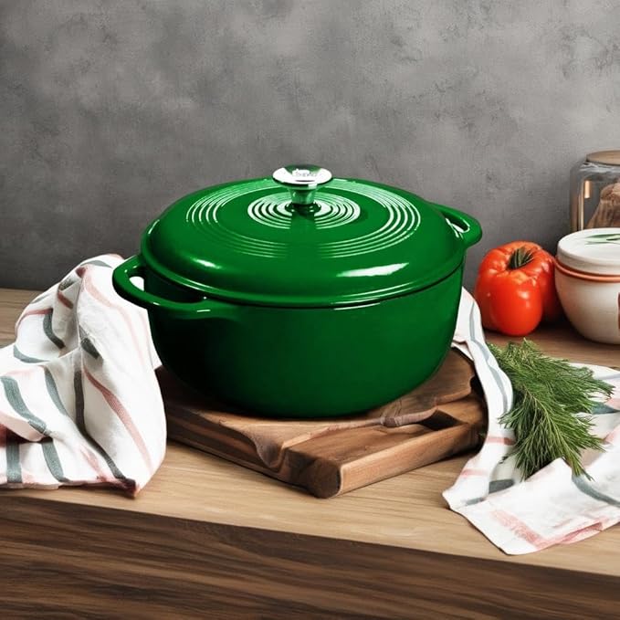 Lodge 6 Quart Enameled Cast Iron Dutch Oven with Lid – Dual Handles – Oven Safe up to 500° F or on Stovetop - Use to Marinate, Cook, Bake, Refrigerate and Serve – Evergreen