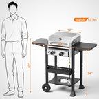 Propane Gas BBQ Grill 2-Burner Barbecue Grills with Cast Iron Frying Pan and Grates Combo, 16000 BTU Output Stainless Steel Grill for Outdoor Cooking, Patio, Backyard Party