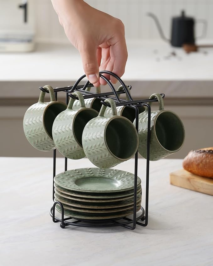 Espresso Cups Set of 6, 4 oz Demitasse Cups with Saucer and Metal Stand Small Coffee Cup Set, Porcelain Cappuccino Cups for Latte, Cafe Mocha and Tea, Green