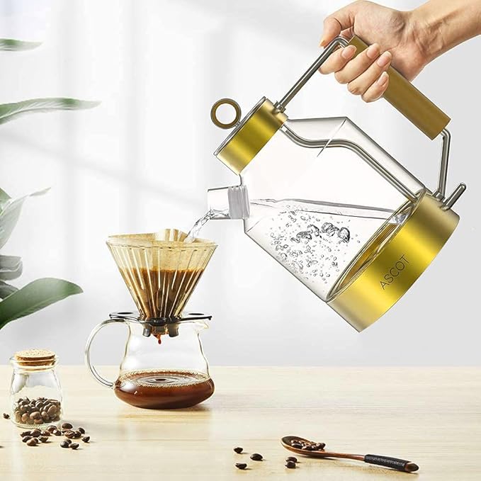 ASCOT Electric Kettle, Glass Electric Tea Kettle Gifts for Men/Women/Family 1.5L 1500W Borosilicate Glass Tea Heater, with Auto Shut-Off and Boil-Dry Protection (Gold)