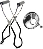 2 Pieces Stainless Steel Canning Jar Lifter Tongs and Canning Funnel with Safe and Secure Grip for Wide Mouth and Regular Jars, Easy to Clean and Dishwasher Safe (Black)