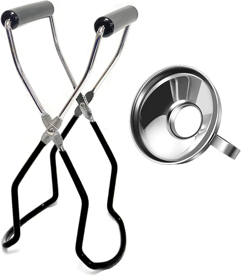 2 Pieces Stainless Steel Canning Jar Lifter Tongs and Canning Funnel with Safe and Secure Grip for Wide Mouth and Regular Jars, Easy to Clean and Dishwasher Safe (Black)