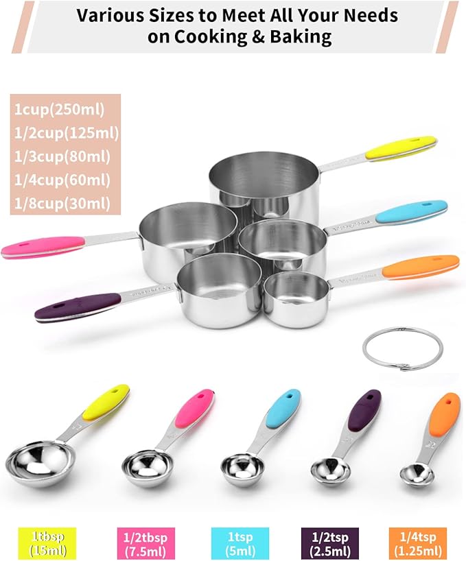 Joyhill Stainless Steel Measuring Cups and Spoons Set of 10 Piece, Nesting Metal Measuring Cups Set with Soft Touch Silicone Handles for Dry and Liquid Ingredients, Cooking & Baking (Colorful)