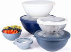 COOK WITH COLOR Mixing Bowls with TPR Lids - 12 Piece Plastic Nesting Bowls Set includes 6 Prep Bowls and 6 Lids, Microwave Safe Mixing Bowl Set (Blue and White)