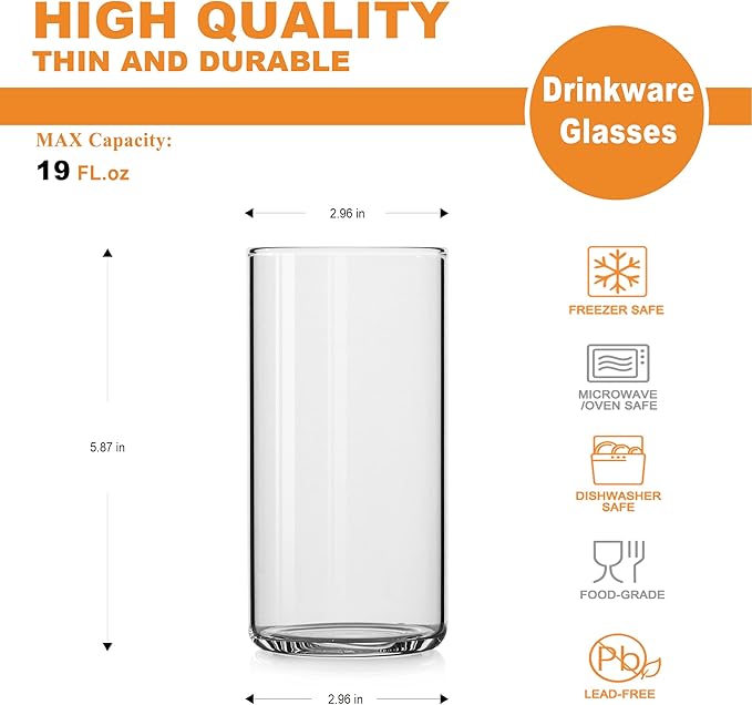 LUXU Drinking Glasses 19 oz, Thin Highball Glasses Set of 4,Clear Tall Glass Cups For Water, Juice, Beer, Drinks, and Cocktails and Mixed Drinks