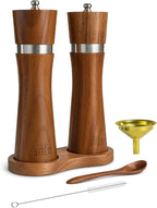 Acacia Wood Salt & Pepper Grinder Set – 8" Manual Adjustable Mills – Wooden Pepper Mill Gift Set with Funnel, Spoon & Brush – Eco-Friendly Kitchen Spice Grinder
