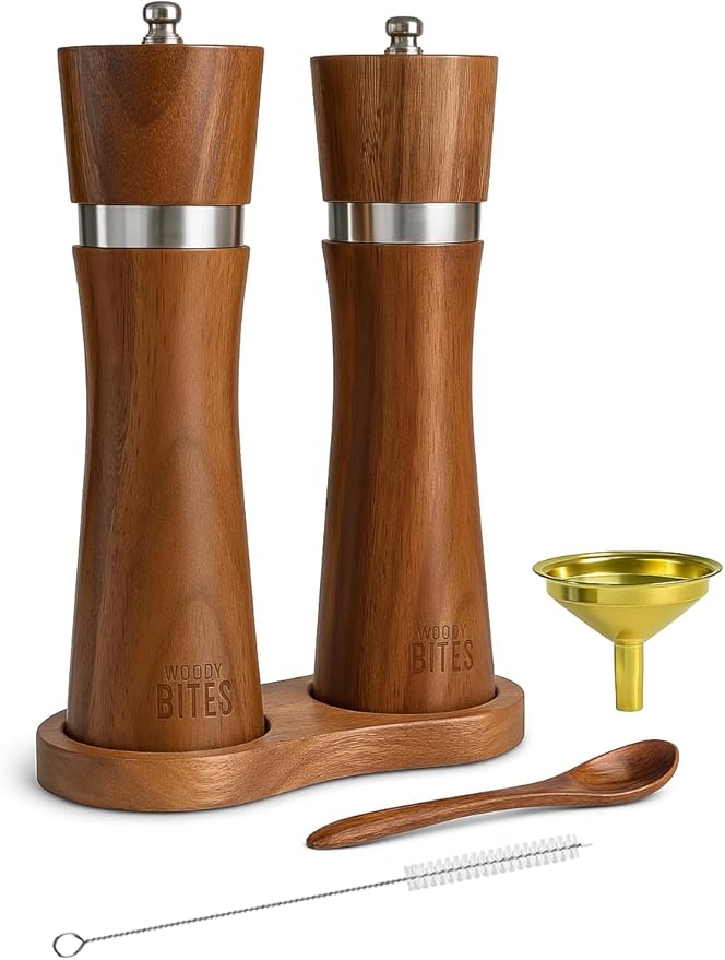 Acacia Wood Salt & Pepper Grinder Set – 8" Manual Adjustable Mills – Wooden Pepper Mill Gift Set with Funnel, Spoon & Brush – Eco-Friendly Kitchen Spice Grinder