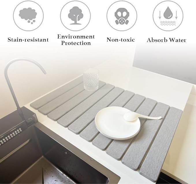 Large Stone Dish Drying Mat for Kitchen Counter Eco - Friendly Absorbent Diatomaceous Earth Bath Mat Quick Dry for Kitchen Dishes Bottles Cups Bathroom Any Countertop (Dark Grey24"×16"Square)