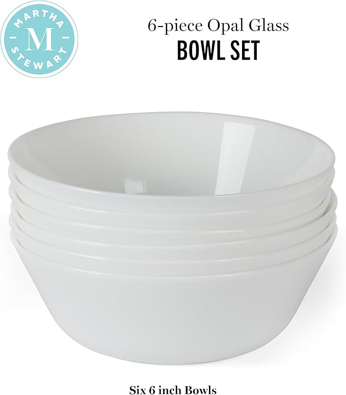 Martha Stewart Opalton 6 Piece 6 Inch Bowls, Lightweight Chip and Break Resistant Soup/Cereal Bowl