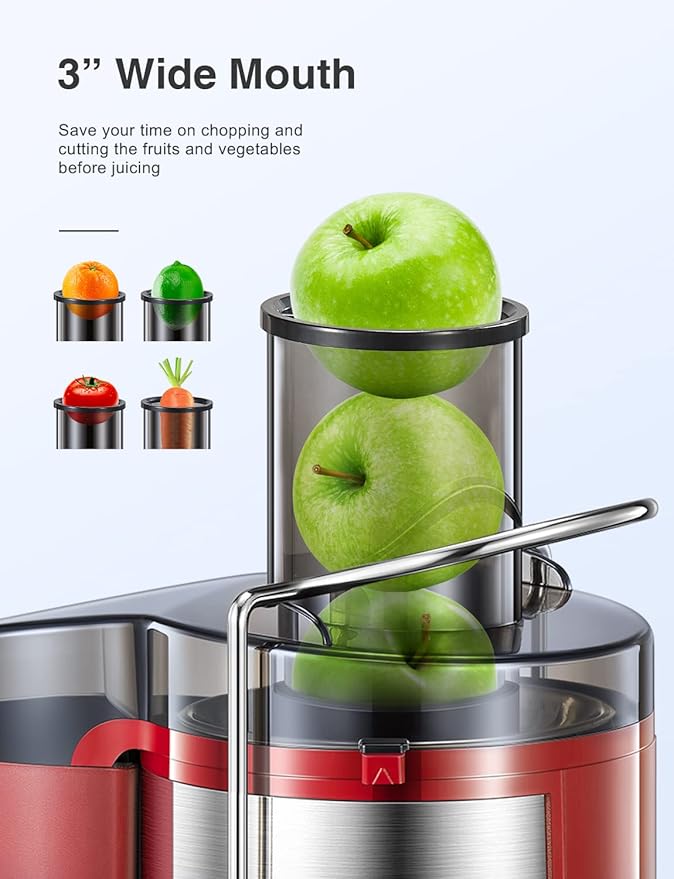 QCen Juicer Machine, 500W Centrifugal Juicer Extractor with Wide Mouth 3” Feed Chute for Fruit Vegetable, Easy to Clean, Stainless Steel, BPA-free (Red)