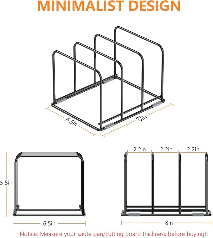 Kitchen Cabinet Organizer - Steel Cookware Rack, Divided Holder with 3 Slots for Skillets, Baking Tray and Chopping Board - Pan Storage (2.2 Inch Width Slots)