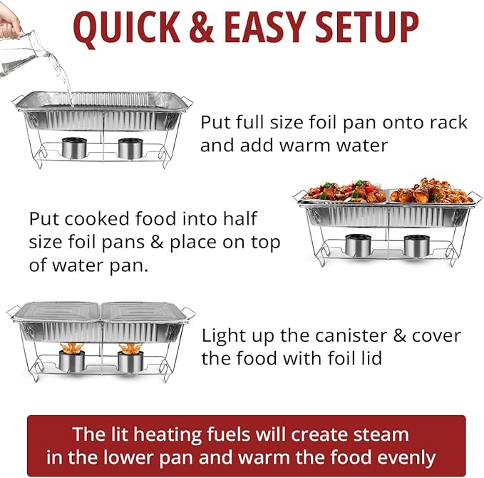 Disposable Chafing Dish Buffet Set, 33 Piece of Chafing Servers with Food Warmers, Covers, Half-Size Food Pans, Water Trays, Serving Utensils, Foil Lids and 4Hr Fuel Cans for Parties, Catering