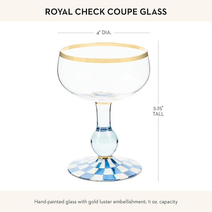 MACKENZIE-CHILDS Coupe Glass, Decorative Stemmed Cocktail Glass, 11 Ounces, Blue-and-White Royal Check