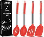 Pack of 4 Large Silicone Cooking Spatulas and Spoons, Slotted and Solid Stainless Steel Cooking Utensils Set, Non-stick Heat Resistant Kitchen for Baking, Fried, Stir-Fry, Mixing, Serving (Red)