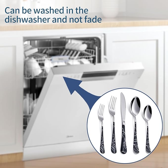 20-Piece Black cracks Silverware Set 18/0 Stainless Steel Silverware Set Yellow Handle Cutlery Black Set Service for 4 Dinner Knives Forks Spoons Set Flatware Set Finish Dishwasher Safe