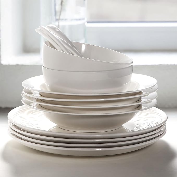 Artena Pasta Bowls 20oz, Large Salad Serving Bowls, 10 inch White Soup Bowl, Porcelain Pasta Bowl Set of 4, Rimmed Deep Pasta Plates, Wide and Shallow for Dinner, Microwave Dishwasher Safe