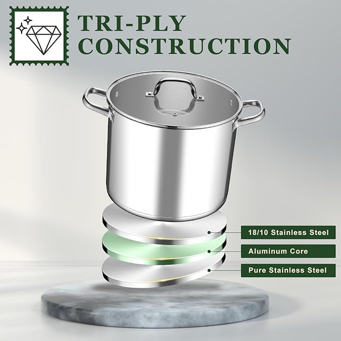 Leonyo 14 Quart Stock Pot with Lid, Stainless Steel StockPot with Lid, Tri-ply Bottom Induction Cooking Pot for Cooking, All Stove Compatible Up to 600℉ Soup Pot for Canning, Boiling, Simmer