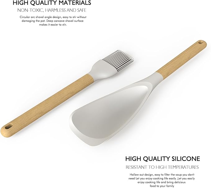Large Silicone Cooking Utensils Set - Heat Resistant Silicone Kitchen Utensils for Cooking w Wooden Handles, Spatula Set, Kitchen Utensil Gadgets Sets for Non-Stick Cookware, BPA Free (Cream White)