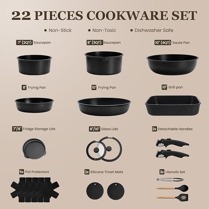 KIKCOIN 22 Pcs Pots and Pans Set Non Stick, Detachable Handle Cookware Sets Nonstick, RV Kitchen Cooking Set with Removable Handles, Frying Pans - Induction/Dishwasher/Oven Safe (Black)