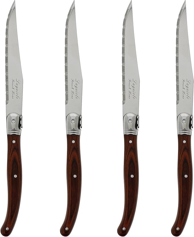French Home Laguiole 4-Piece Steak Knife Set – Sophisticated Stainless Steel Dinner Knives with Pakkawood Handles & Iconic Bee Emblem – Serrated Knives for Smooth Cutting (9.25")