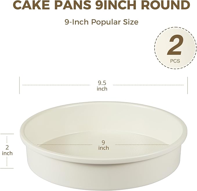 HONGBAKE 9 Inch Round Cake Pan Set of 2, Nonstick Ceramic Coating Cake Molds with Diamond Texture, Aluminized Steel Cake Pans Sets for Baking & Cheesecake, Heavy Duty & Non-Toxic (Cream, 2PCS)