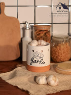 Large Garlic Keeper with Wood Lid, Ceramic Garlic Container for Counter,Garlic Saver to Keep Your Garlic Cloves Fresh Longer, 31 oz White/Brown