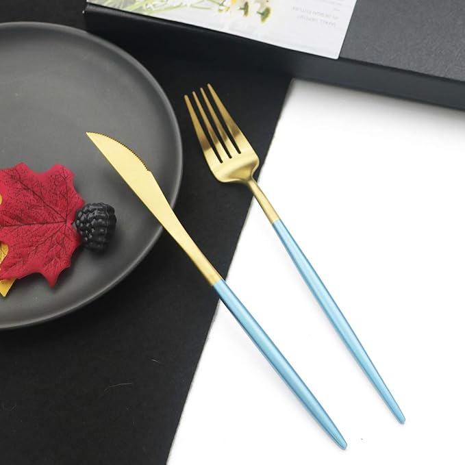 JASHII Luxury 18/10 Blue Handle Flatware Gold Silverware Set 304 Stainless Steel Flatware Cutlery Set| 5-Piece Adaline Royal Modern Satin Finish| BEST Birthday Wedding Gift (Blue Handle Matte Gold)