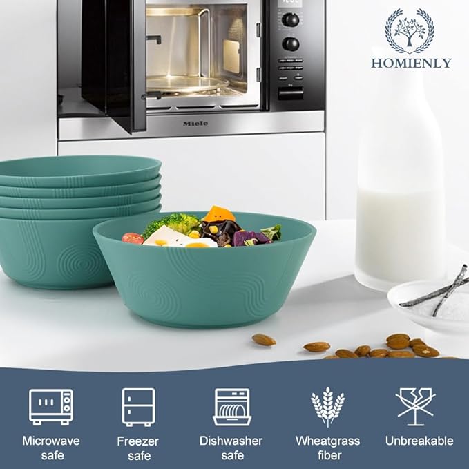 Homienly Wheat Straw Bowl Sets of 6-36oz Cereal Bowls,Microwave and Dishwasher Safe Bowls,Soup Bowl Sets Alternative for Plastic Bowls for Serving Soup,Salad(Green)