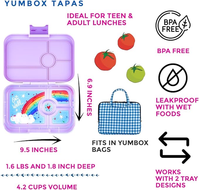 Yumbox Tapas (Seville Purple Rainbow) - Large Leakproof Bento Lunch Box for Adults/Kids, 4 Compartments - 4.2 Cups Capacity