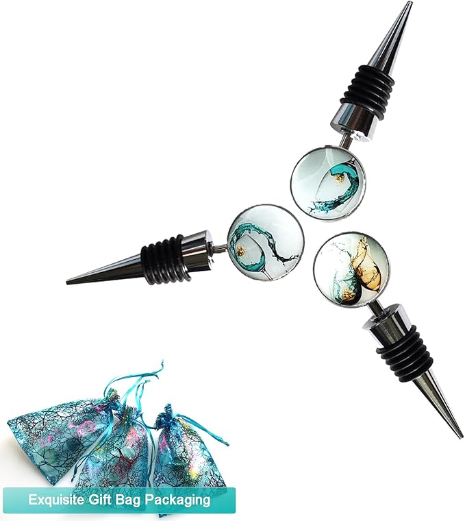 Wine Bottle Stoppers, Set of 3 Stainless Steel Wine Stoppers with Decorative Art Glass, Wine and Beverage Bottle Corks for Gifts, Bar, Wedding, Holiday Party (Green)